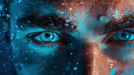 male eyes through glass with raindropsの素材