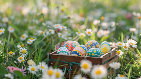 Happy Easter. A wooden basket filled with decorated easter eggs among delicate white spring flowersの素材