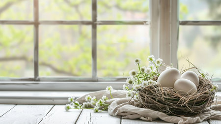 Easter eggs and spring flowers on white table over blurry kitchen window backgroundの素材