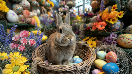 Traditional Easter Bunny: Classic depictions of the beloved rabbit adorned with colorful Easter eggs, often featuring a basket filled with treatsの素材