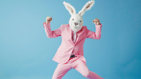 A man in a pink suit and a bunny mask dances merrily against a blue background. Concept of a funny easter dancer in a mask. Bright elegant bunny costume for a party. Modern corporationの素材