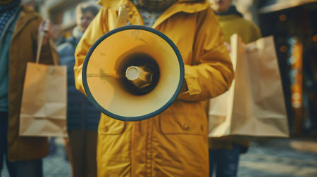 A person holding a megaphone addresses a large crowd during a protest, symbolizing activism, leadership, and public demonstrations.の素材