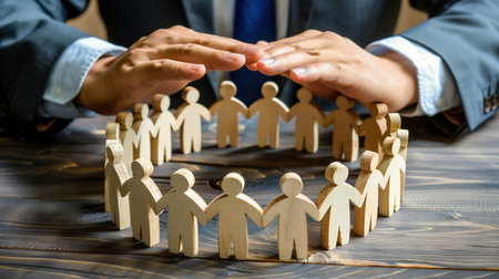 Businessman in suit holding hands above wooden toy people figures standing in circle at desk protecting human rights. Society, people community care and safety concept in businessの素材