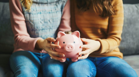 Cropped shot of young family couple sitting on sofa, holding piggy bank, planning their budget together. Man and woman putting coins into moneybox, managing family finances and saving for futureの素材