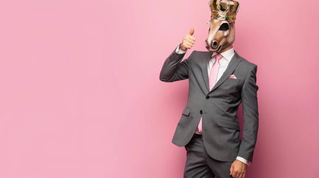 Funny man in suit and animal horse mask wearing crown of a king and mantle nodding head and showing thumb up sighの素材