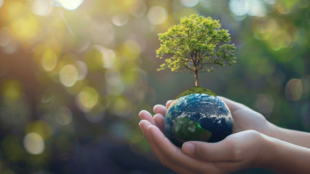 Holding earth and green tree in hands, world environment day concept, saving growing young tree, Element of this image furnished by NASAの素材