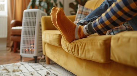 Man living in residential home with no heating. Crop man wearing plaid and warm socks feeling very cold inside chilly, unheated building, sitting on sofa, and warming his feet by electric heaterの素材