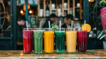 Witness the vibrant process of making nutritious smoothies in a bright juice bar settingの素材