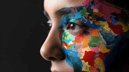 Girl with a painted map in the face. Fight for world peace. Hope and faith conceptの素材