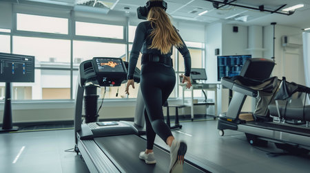 Woman Wearing Headset for Advanced Physical Rehabilitation Using an Exoskeleton on a Treadmill in a Futuristic Medical Lab, Showcasing Advanced Technology and Innovative Recovery Techniquesの素材