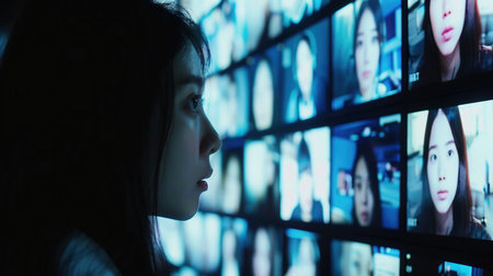 Dynamic Portrait with a Woman Engaging in Online Shopping and Content Creation at Her Home Office. Camera Fluidly Moves Around Her, Capturing Her Interactions With Multiple Digital Screensの素材