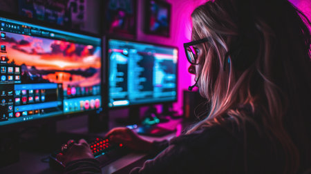 Dynamic Portrait with a Woman Engaging in Online Shopping and Content Creation at Her Home Office. Camera Fluidly Moves Around Her, Capturing Her Interactions With Multiple Digital Screensの素材