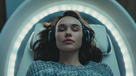 Futuristic Laboratory: Female Patient Wearing Headset for an Advanced Brain Scan Using Advanced Neural Technology. High-tech Setting Focuses on Cognitive Enhancement Sci-fi Conceptの素材