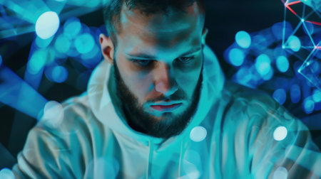 Social Media Internet Web Concept: Caucasian Man Browsing Network of Websites, Online Games, Communities And Viral Videos. Animated Visualization Of Digital Interface Stream With Entertaining Contentの素材