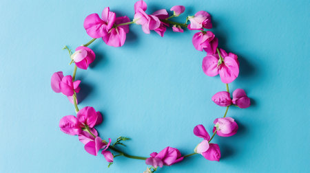 Aesthetic floral stylish pattern. Purple flower. Spring and summer colorful flowers pattern. Flat lay, top view. Space for text. Trendy color design.の素材