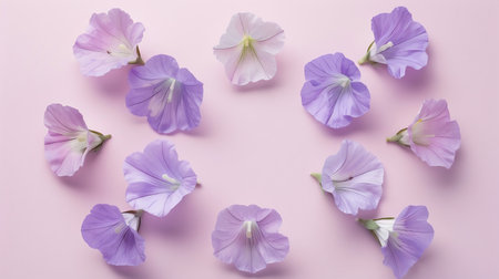 Aesthetic floral stylish pattern. Purple flower. Spring and summer colorful flowers pattern. Flat lay, top view. Space for text. Trendy color design.の素材