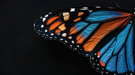 a close up of a butterfly wing with blue and orange colors on it's wings and a black backgroundの素材