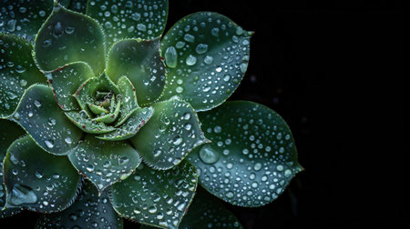 A close-up of an aeonium arboreum's rosette showcases its green details, its vibrant red color, and the water drops on it.の素材