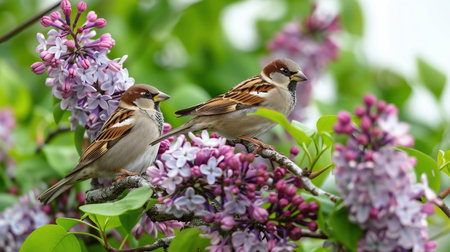 Birds sparrows sitting on a tree branch near lilac with pink flowers in the spring gardenの素材