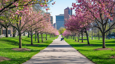 Pink spring blossoms at Goodale Park in downtown Columbus Ohio in early springの素材