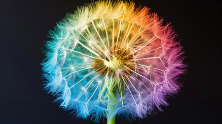 Rainbow dandelion isolated on black background. Colorful dandelion background. Rainbow abstract background. Abstract patterns. Abstract textures. Dandelion texture. Dandelion pattern. Surreal abstractの素材