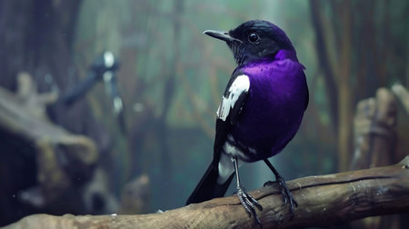 Soft focus portrait of an exotic Purple and white Tropical Bird perched on a tree branchの素材