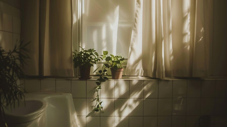 Small bathroom with subway tiles and a large variety of green potted plants such as a pancake plantの素材