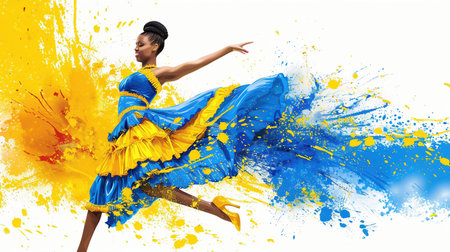 Woman in wonderful flying dress with blue and yellow wavesの素材