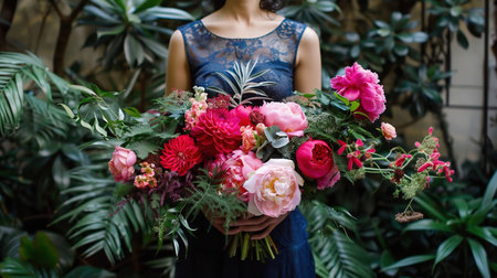 Woman florist holding a bouquet of beautiful flowersの素材