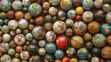 decorative horizontal border made of various globes and maps, arranged neatly with different sizes and styles of globes showcasing diverse continents and countriesの素材