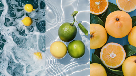 Diverse Textures: A captivating collage showing a spectrum of textures, from the rippling of water and the granular touch of sand to the vibrant surfaces of fruitsの素材