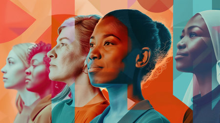 A vibrant collage of diverse faces, each with a unique hairstyle and expression, set against a backdrop of geometric patterns in various colorsの素材