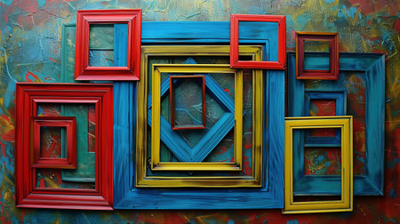 Vibrant collage of colorful picture frames in various sizes arranged against a textured background showing energetic hues of red, blue, green, and yellowの素材