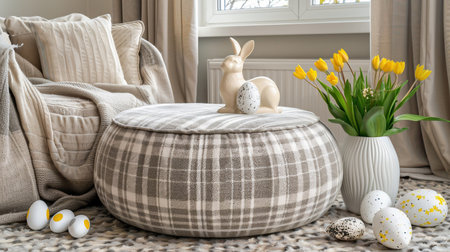 Cozy Easter-themed living room with a neutral color palette. A round ottoman decorated with ceramic bunny figurines, pastel eggs, and fresh yellow tulips in a white vase adds a festive touchの素材