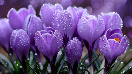 Spring flowers of crocuses in water drops on the background of traces of rain fallの素材
