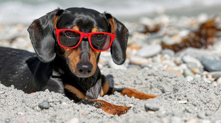 beautiful dog of dachshund, black and tan, buried in the sand at the beach sea on summer vacation holidays, wearing red sunglassesの素材