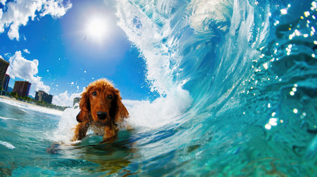 Dachshund Surfing. dog surfing on a waveの素材