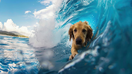 Dachshund Surfing. dog surfing on a waveの素材