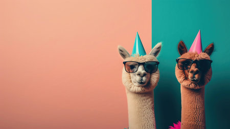 Two alpacas in crazy party outfits with party hats on colorful background, advertising, creative party animal concept, copy space, birthday party invitation cardの素材