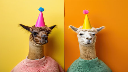 Two alpacas in crazy party outfits with party hats on colorful background, advertising, creative party animal concept, copy space, birthday party invitation cardの素材