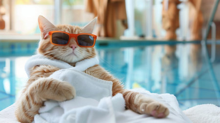 cat wearing a bathrobe and sunglasses, lying next to a pool at a spa dayの素材