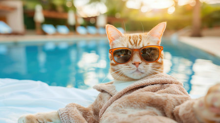 cat wearing a bathrobe and sunglasses, lying next to a pool at a spa dayの素材