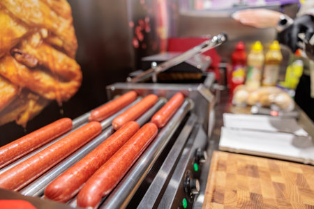 Hot dog machine closeup. Sausages grill at hot-dog maker. Professional equipment for hotdog preparation. Spicy smoked wurstの写真素材