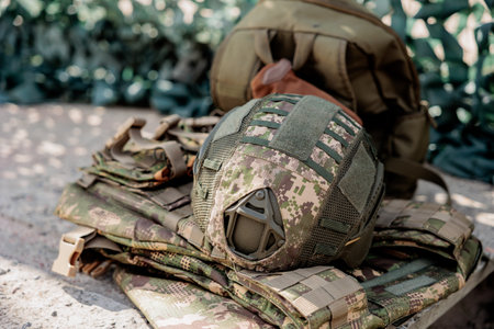 military ammunition top view of a grenade box, rifle, grenades, bulletproof vest, helmet and other tactical itemsの写真素材