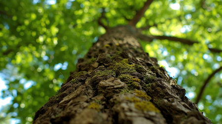 Green forest. Tree with green Leaves and sun light. Bottom view background. View of a tree from belowの素材