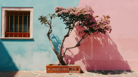 A pastel building corner in a neighborhood in Burano, Italy. Burano is an island outside of Venice and is known for their intricate glassblowing. This corner has bright cobblestones and trees.の素材