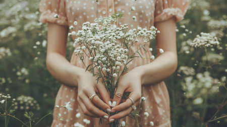 Close shot of romantic cute pink gel polished manicure nails. Woman in pink summer dress holding wild flowers.の素材