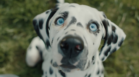 Summer portrait of cute Dalmatian dog. Smiling purebred Dalmatian pet in the fieldの素材