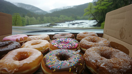 Glazed and decorated donuts in a box, showcasing a variety of flavors and toppings, with vibrant icing colors, set on a wooden table, perfect for a sweet treat or dessert. Sweet bunsの素材