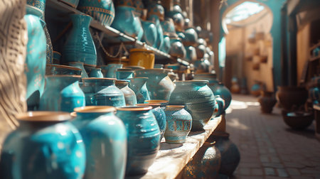 Moroccan turquoise pottery, ceramics in small traditional souk shop of Marrakech, full frame, sunlightの素材